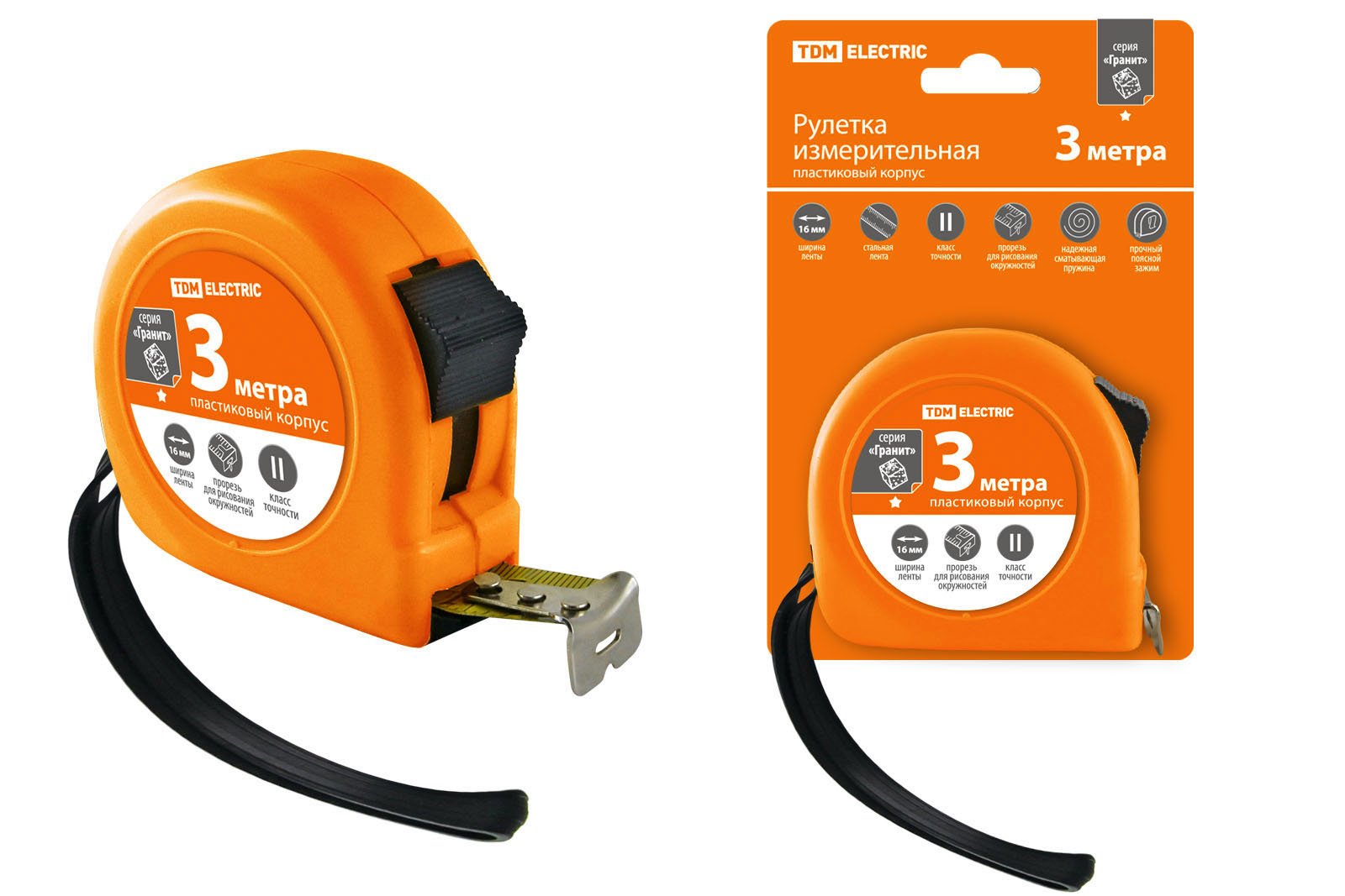 Рулетка 3м, стальная лента, ширина 16мм, пластиковый корпус "Гранит" TDM (SQ1018-0101)