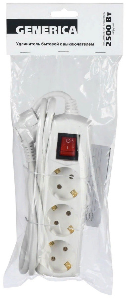 Удлинитель У03В 3 места с заземлением 7м 3х1мм2 10А/250В GENERICA (WYP10-10-03-07-ZK-G)